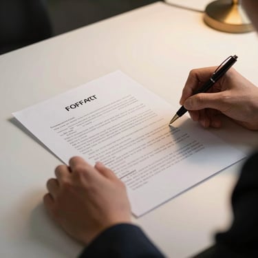 Close-up of hands on a clean desk reviewing a printed contract document under warm studio lighting, a pen resting beside the paper, crisp white background, professional and composed framing