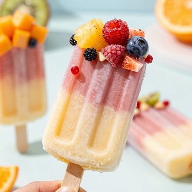 Vibrant close-up of a specialty artisanal ice cream popsicle with colorful fruit toppings, bright natural daylight, shallow depth of field.
