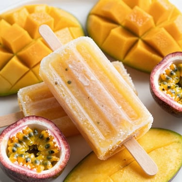 Vibrant close-up of natural fruit popsicles made of mango and passionfruit, fresh tropical fruits sliced next to them, bright daylight.