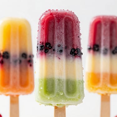 Vibrant close-up of a traditional Ecuadorian Salcedo ice cream popsicle showing distinct colorful layers of taxo, blackberry, and cream, condensation drops, high-key studio lighting.