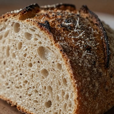 Close-up of golden-brown sourdough with crispy crust torn open to reveal airy interior.