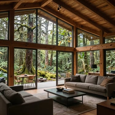 Interior wide shot of a mid-century modern living room, post-and-beam construction, floor-to-ceiling glass overlooking mossy forest, natural light.
