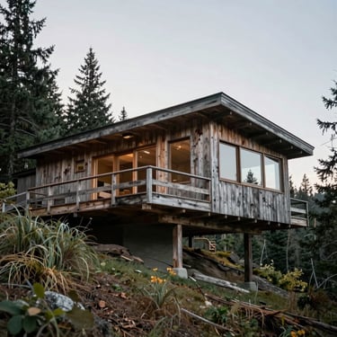 Exterior of a historic Northwest modernist home, weathered cedar cladding, cantilevered deck suspended over a steep forested slope, soft overcast sky.