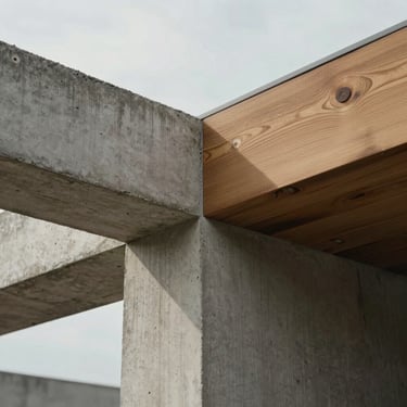 Close-up of brutalist structural joinery, textured board-formed concrete meeting a heavy timber beam, soft overcast daylight, architectural detail.