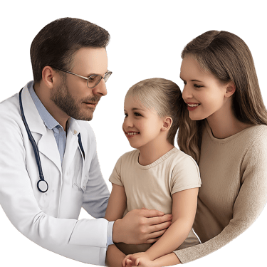 A circular photograph showing the doctor interacting gently with a young child and a parent during a consultation.