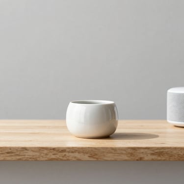 A ceramic incense holder and smart speaker on a clean wooden shelf, bright daylight, soft shadows