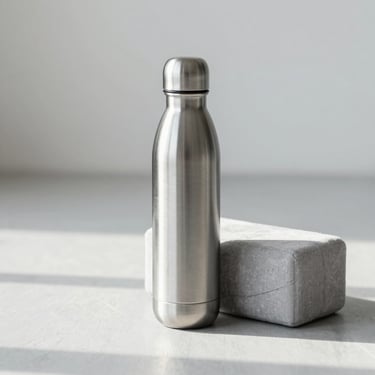 A sleek metal water bottle and organic cotton yoga block on a light gray floor, soft morning light