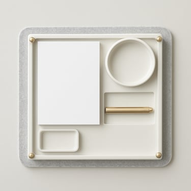 Minimalist desktop organizer with brass details on a light gray felt pad, overhead shot, soft natural light