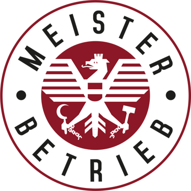 Austrian Meisterbetrieb logo featuring a white heraldic eagle on a red and black circular emblem.