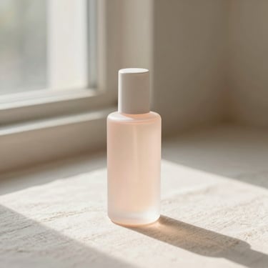 Minimalist frosted glass toner bottle on clean linen, warm morning window light, 35mm