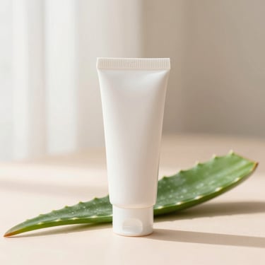 Minimalist white sunscreen tube next to a green aloe vera leaf, bright soft light, 35mm