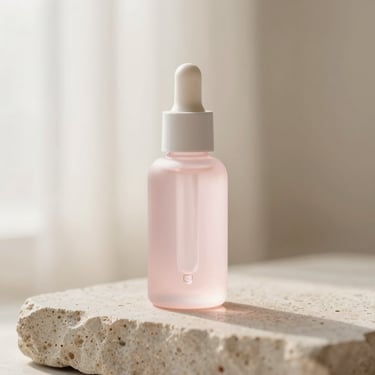Minimalist clear serum bottle with dropper on a textured stone, soft pink light, 35mm