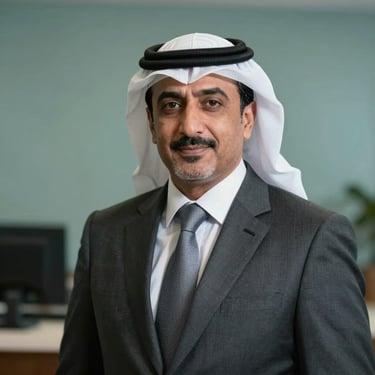 A sharp portrait of a professional male executive in a Middle Eastern / Yemeni corporate office environment. He is wearing a formal suit and exudes trustworthiness and expertise, with a soft forest teal background.