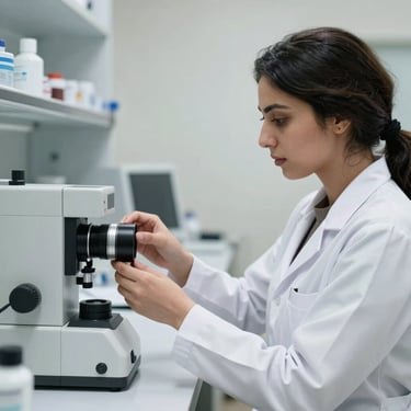A female pharmacist in a professional Middle Eastern / Yemeni laboratory setting, wearing a white lab coat and examining high-quality medical equipment. The scene is bright and highlights precision and care.