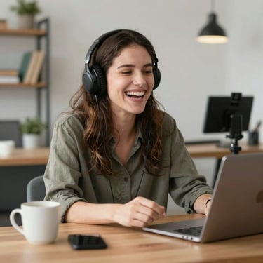 A professional interviewer laughing genuinely during a video call in a cozy, modern workspace.