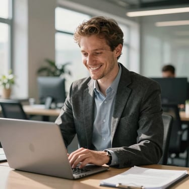 An operations manager smiling warmly while working on a laptop in a sunlit Scandinavian office.