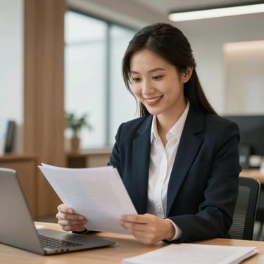 A warm, smiling recruiter reviewing documents in a bright, wood-accented office space.