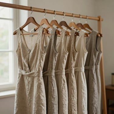 A line of structured linen dresses hanging on a simple wooden rack against a soft plaster wall, diffused natural window light.