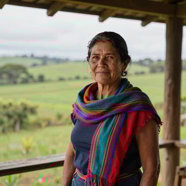 Portrait of a middle-aged woman with a friendly expression, wearing a colorful scarf, standing on a wooden veranda overlooking a green field in South American / Brazilian countryside.