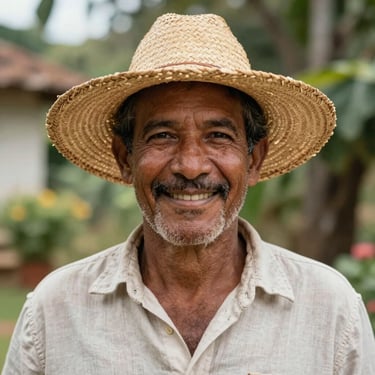 Close-up portrait of a mature man with a warm smile, wearing a traditional straw hat and a light linen shirt, standing in a sunlit garden in South American / Brazilian countryside. Soft natural lighting.