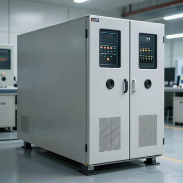 Industrial uninterruptible power supply unit, rack-mounted chassis, clean factory floor setting
