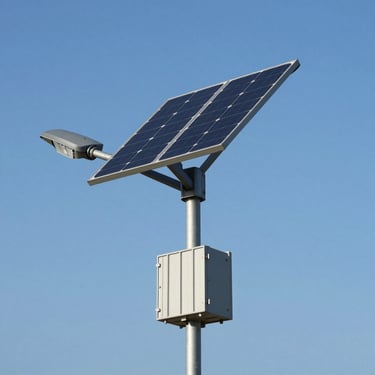 Modern industrial solar street light pole with integrated panel and battery unit, clear blue sky background