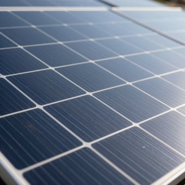 Close-up of high-efficiency monocrystalline solar panel surface, clean geometric grid lines, bright direct daylight