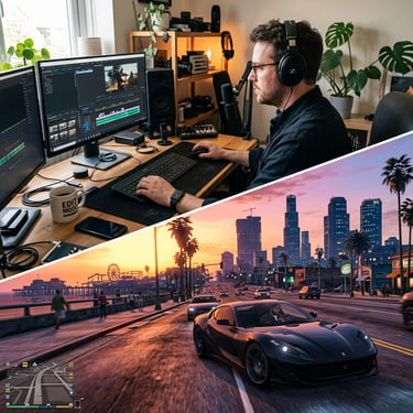 Imagem dupla dividida em tela diagonal, mostra um designer trabalhando e na outra um jogo editado