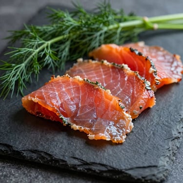 Slices of smoked salmon on a dark stone slate, dill sprigs, moody Scandinavian kitchen lighting, 35mm