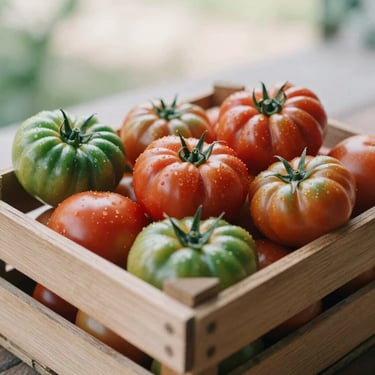 A rustic wooden crate filled with colorful heirloom tomatoes, green stems, soft overcast outdoor light, 35mm