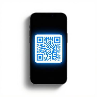 A high-fidelity minimalist QR code graphic framed on a dark smartphone screen, glowing electric blue accents, clean studio lighting