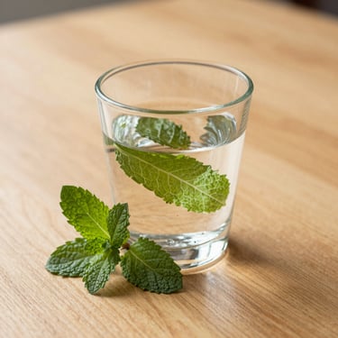 Square orientation. Bright and airy light. A clear glass of water with fresh green mint leaves resting on a warm light-oak wooden table, soft shadows.