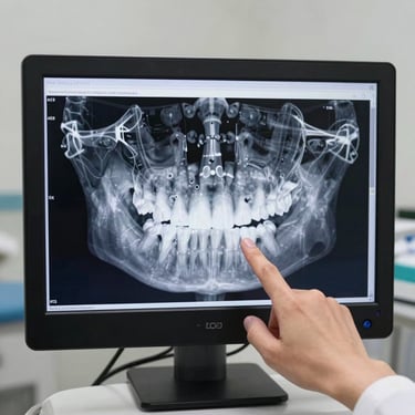 Square orientation. Clean interior lighting. A modern digital screen showing a high-resolution 3D dental scan of a jaw, a hand pointing gently to the screen, clinical clarity.