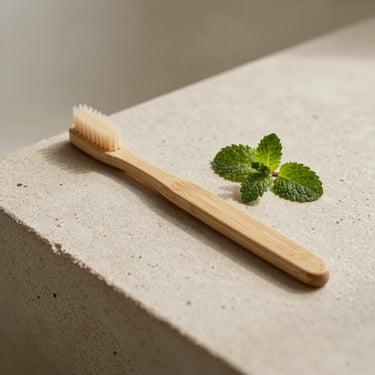 Square orientation. Minimalist composition under soft side light. A natural bamboo toothbrush resting on a clean beige stone surface next to a small sprig of mint, calm warm neutral tones.