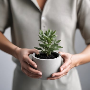 Close-up of hands holding a handcrafted cement planter with natural light highlighting its texture.