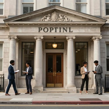 A smiling professional woman looking confident while working on a laptop in a cozy office setting.