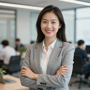 Portrait of a smiling professional woman in a modern office setting, representing a satisfied corporate client.