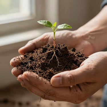 Extreme close-up of rough hands holding a clump of freshly pulled earth with a small seedling still attached, warm natural light from a low window, soil texture and root detail sharp