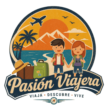 Vintage travel logo Pasión Viajera featuring a couple with backpacks and luggage at a beach resort.