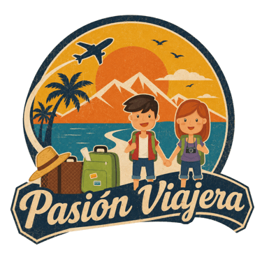 Ilustración de viaje estilo vintage de una pareja con maletas en la playa con texto "Pasión Viajera"