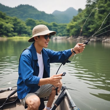 A happy fisherman standing on a stable kayak in calm blue sea during sunrise.