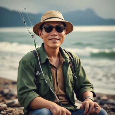 A happy fisherman standing on a stable kayak in calm blue sea during sunrise.