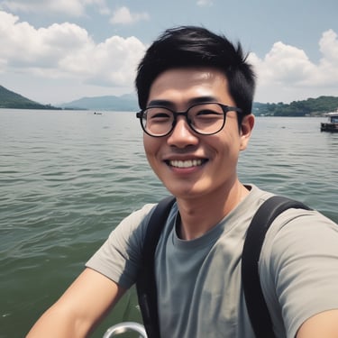 A happy fisherman standing on a stable kayak in calm blue sea during sunrise.