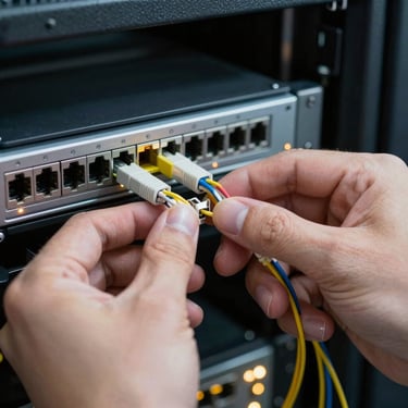 Extreme close-up of a technician's hands firmly seating a fiber optic connector into a patch panel port, dark server room background with blinking indicator lights, cool practical overhead lighting, precise and confident framing
