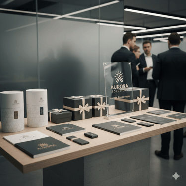 Branded corporate gift boxes and marketing brochures on a table at a business event networking session.