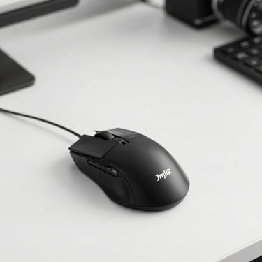 A high-precision wireless gaming mouse on a minimalist white desk, professional product shot, black and white.
