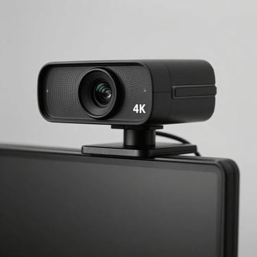 A professional 4K webcam positioned on a thin monitor edge, clean lines, high-contrast black and white photography.