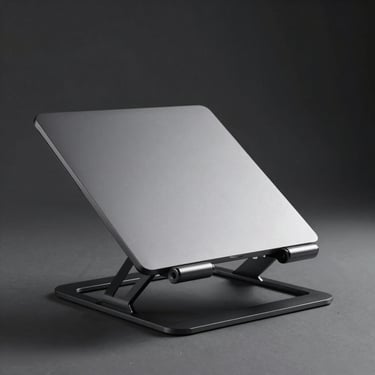 Ergonomic laptop stand with a sleek aluminum finish, minimalist composition, grayscale.