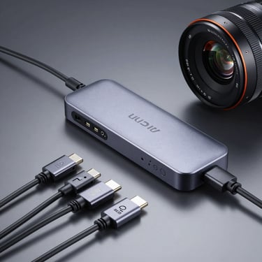 A high-speed USB-C docking station with various cables connected, studio lighting, grayscale palette.