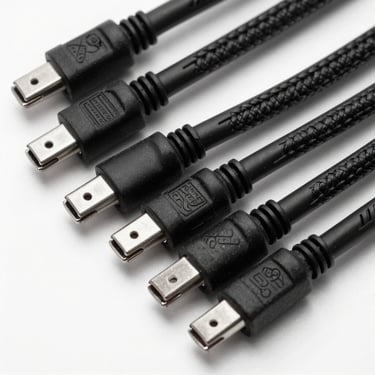 A collection of high-quality braided data cables neatly organized, studio product shot, black and white.